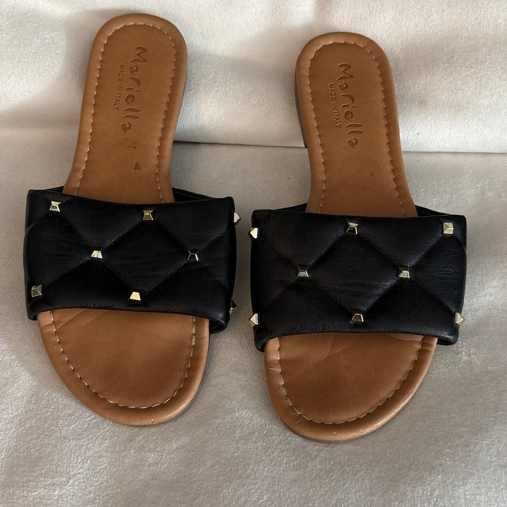 Mariella Made in Italy Black Quilted Studded Slide Sandals Flat Women Size 8
